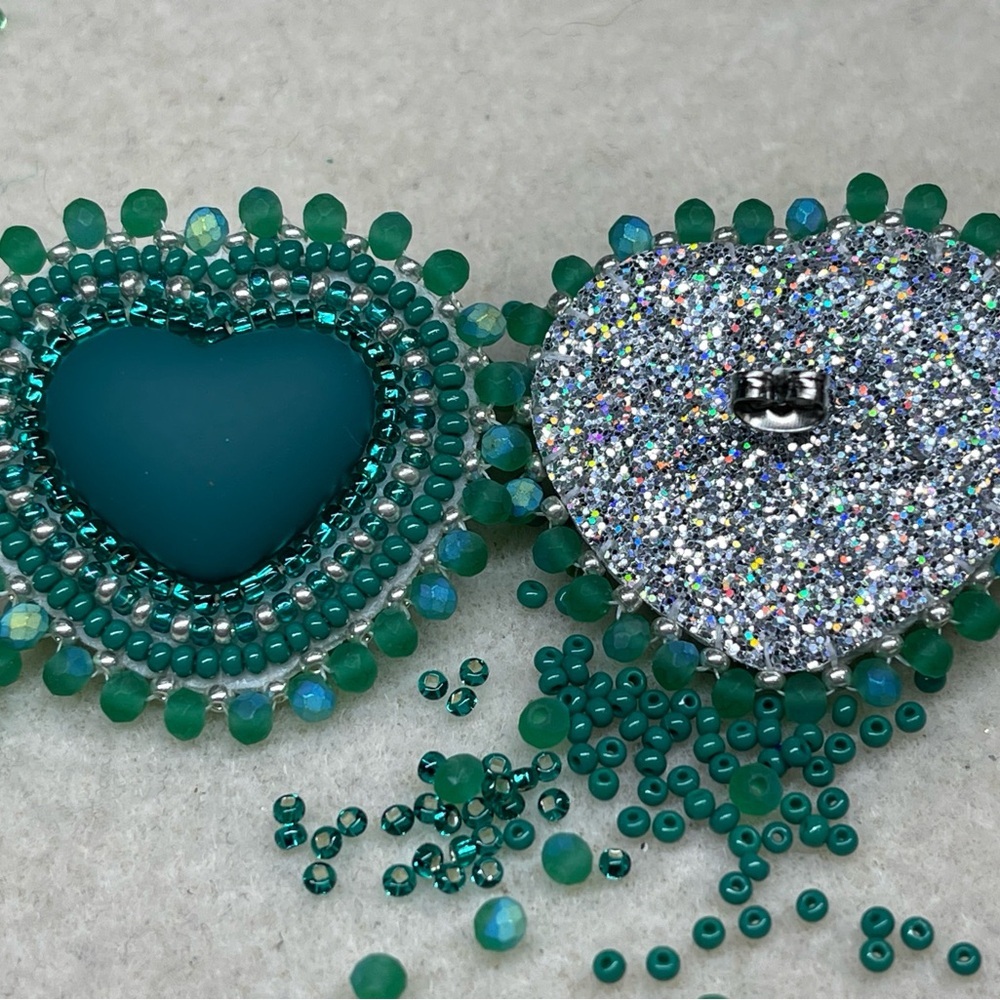 Teal Beaded Heart Earrings - Picture 2 of 4